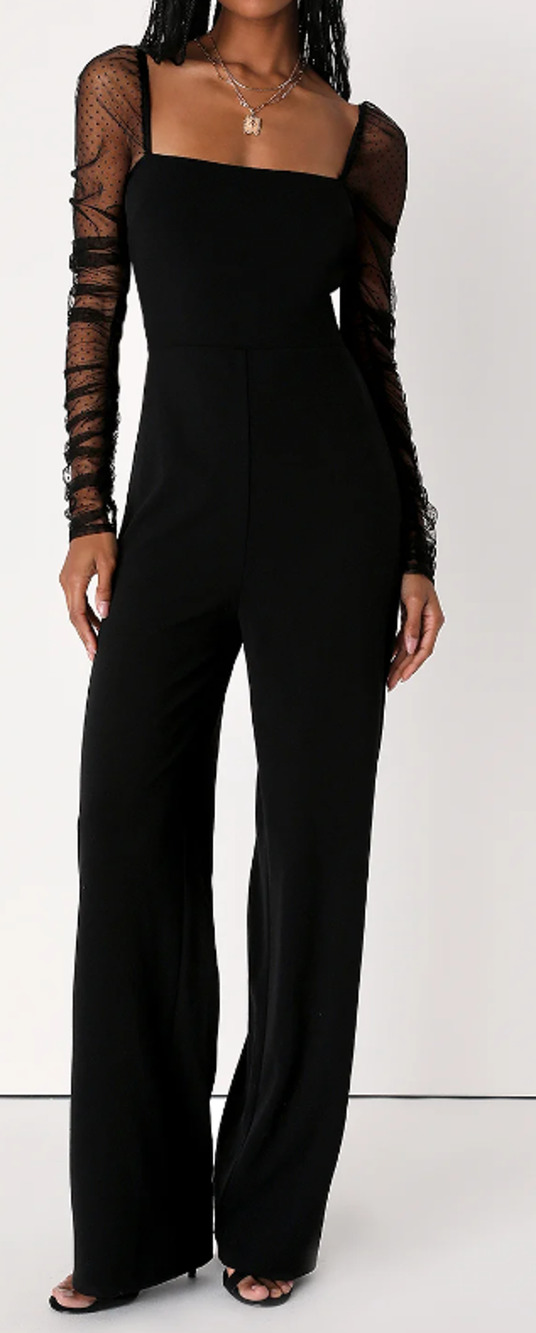 LULU'S SZ M Black Made to Amaze Mesh Long Sleeve Straight Neck Jumpsuit NEW B55